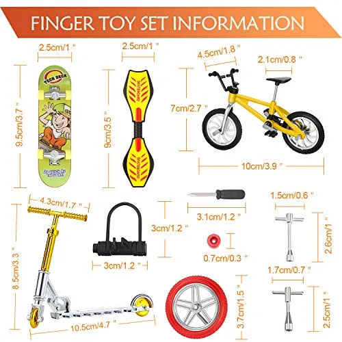 18 Pieces Mini Finger Toys Set Finger Skateboards Finger Bikes Scooter Tiny Swing Board Fingertip Movement Party Favors Replacement Wheels and Tools