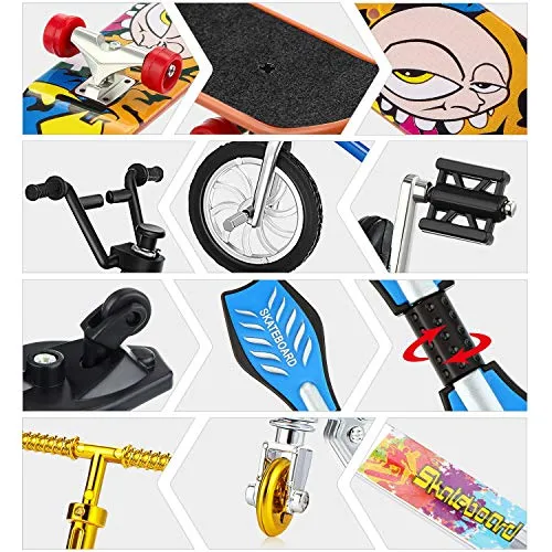 18 Pieces Mini Finger Toys Set Finger Skateboards Finger Bikes Scooter Tiny Swing Board Fingertip Movement Party Favors Replacement Wheels and Tools