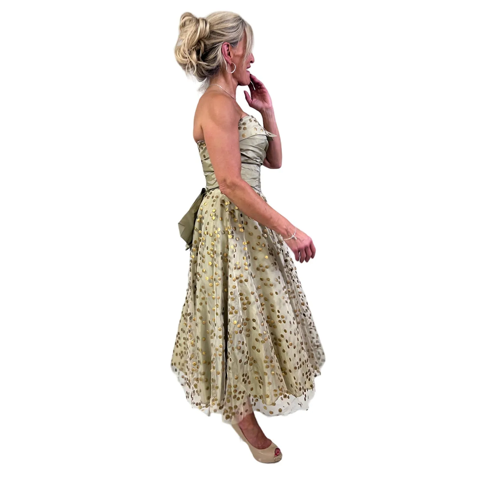 1950s Vintage Fred Perlberg Dance Original Strapless Gown Gold Metallic  Tulle XS 2-4 Full Circle Skirt