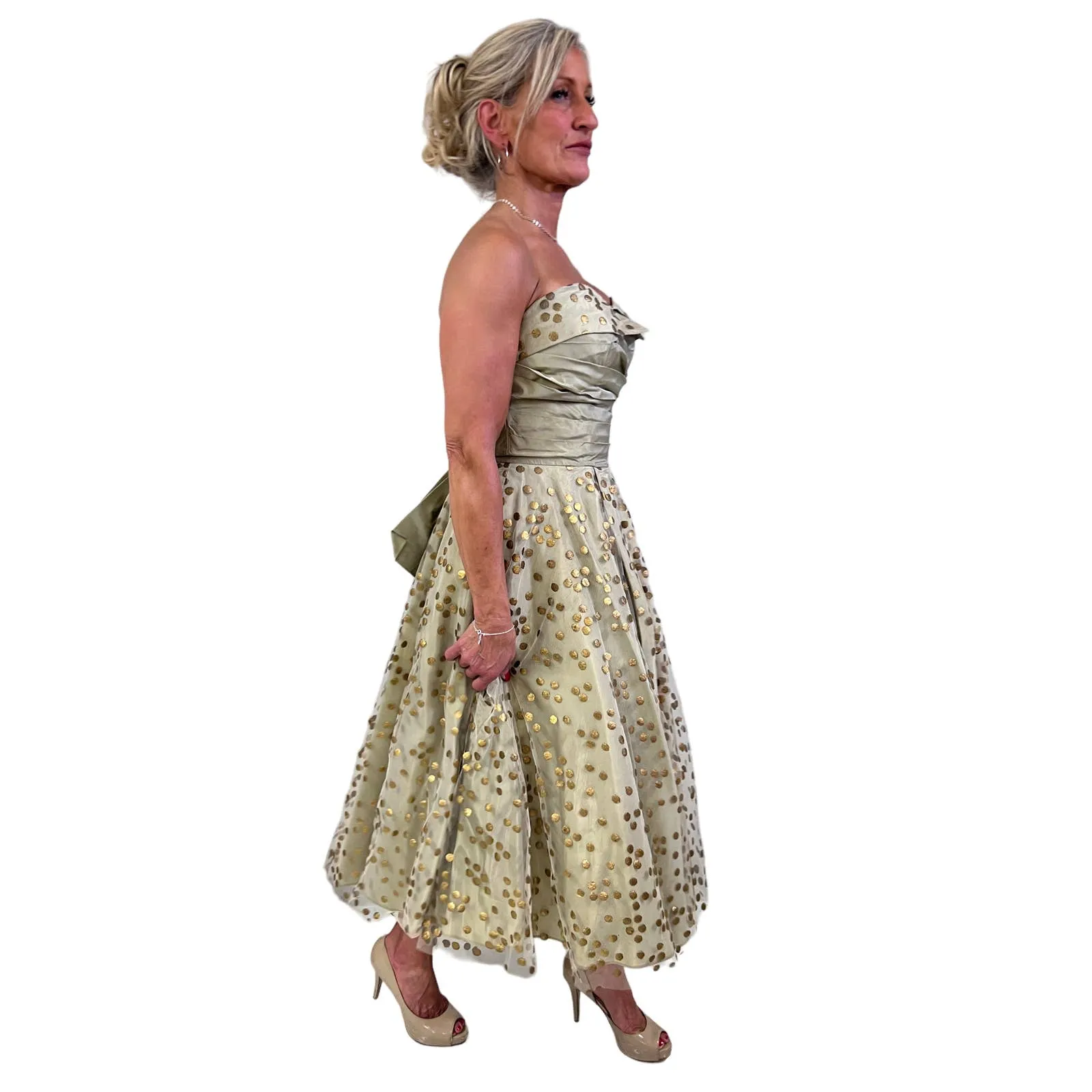 1950s Vintage Fred Perlberg Dance Original Strapless Gown Gold Metallic  Tulle XS 2-4 Full Circle Skirt