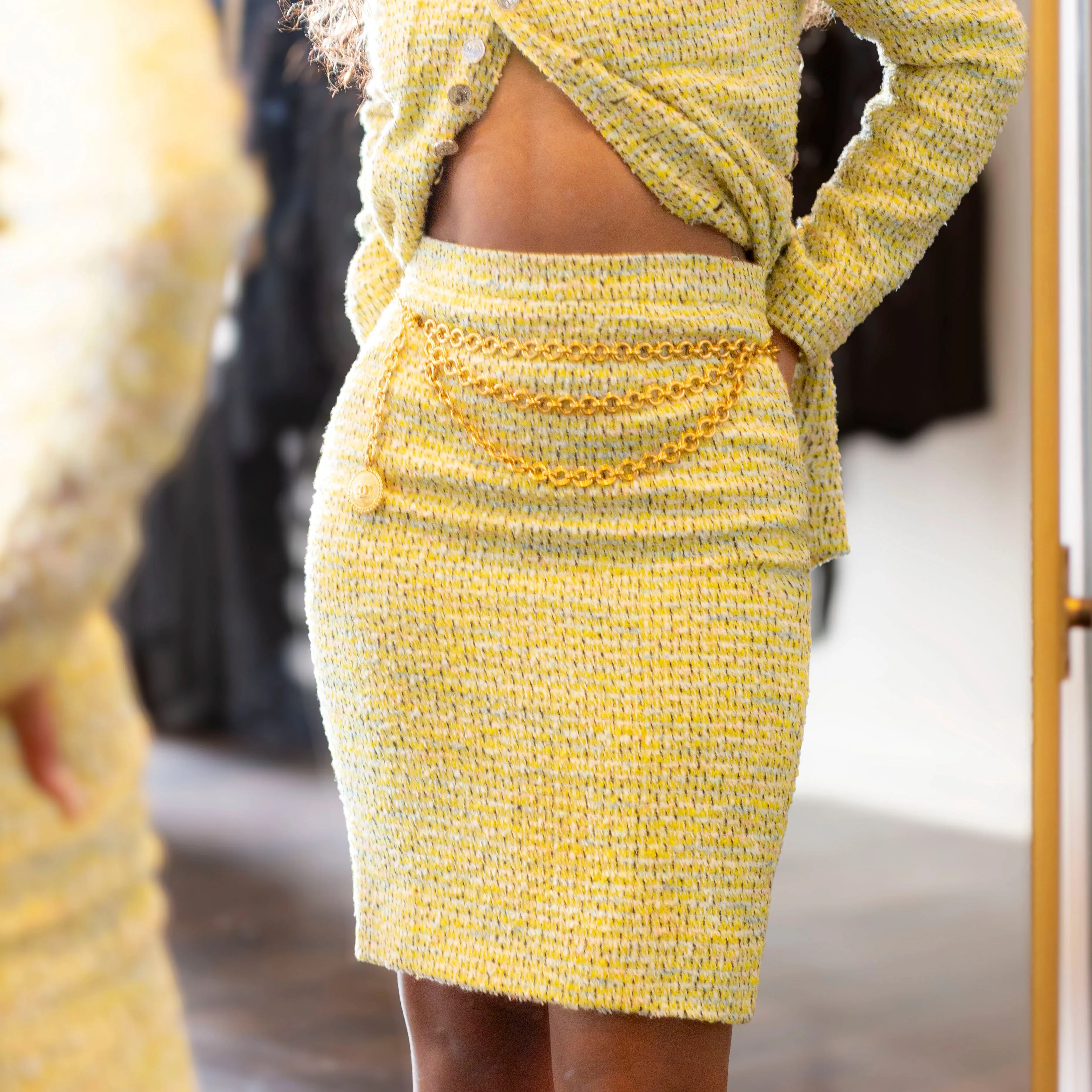 1996 Yellow Tweed Two-Piece Jacket and Skirt Suit