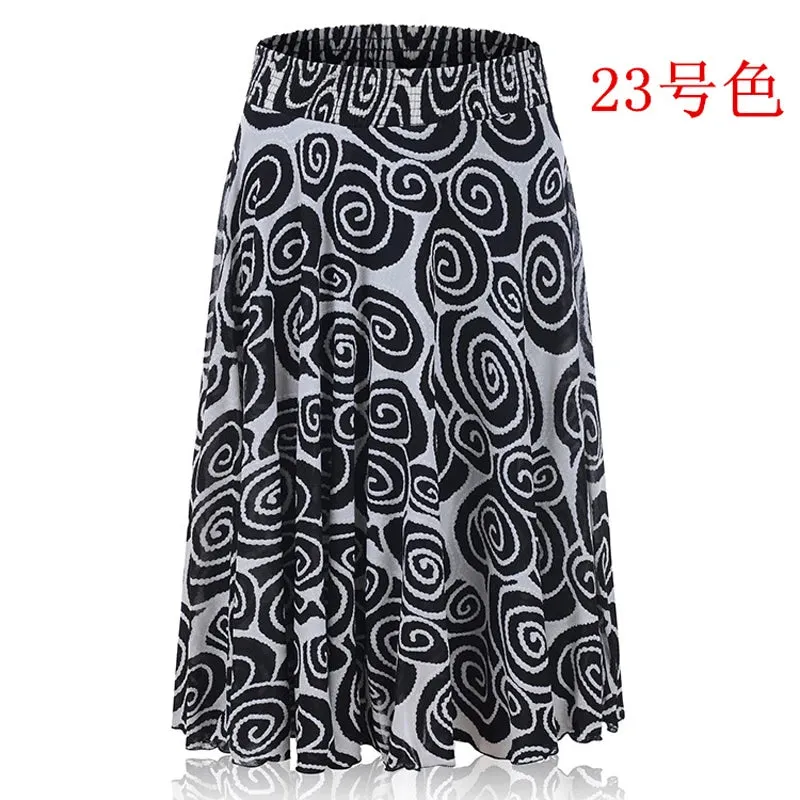 2023 Fall Middle-aged Half-length Skirt Mother Wear Elastic Waist Pleated Women Polka Dot Flower Ladies Skirts