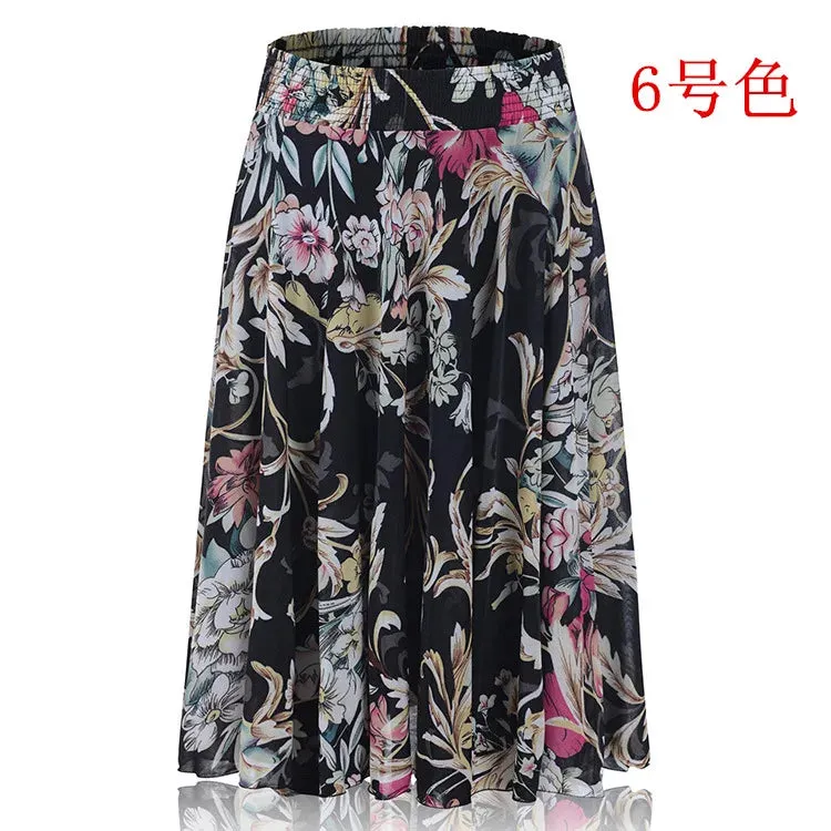 2023 Fall Middle-aged Half-length Skirt Mother Wear Elastic Waist Pleated Women Polka Dot Flower Ladies Skirts