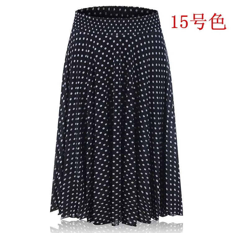 2023 Fall Middle-aged Half-length Skirt Mother Wear Elastic Waist Pleated Women Polka Dot Flower Ladies Skirts