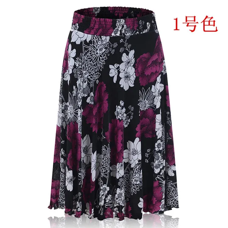 2023 Fall Middle-aged Half-length Skirt Mother Wear Elastic Waist Pleated Women Polka Dot Flower Ladies Skirts