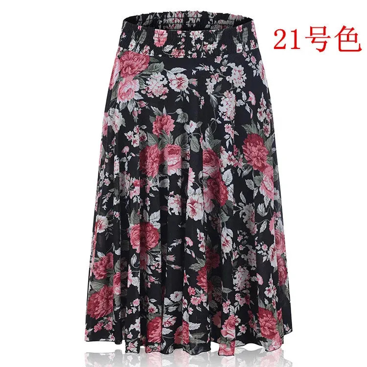 2023 Fall Middle-aged Half-length Skirt Mother Wear Elastic Waist Pleated Women Polka Dot Flower Ladies Skirts