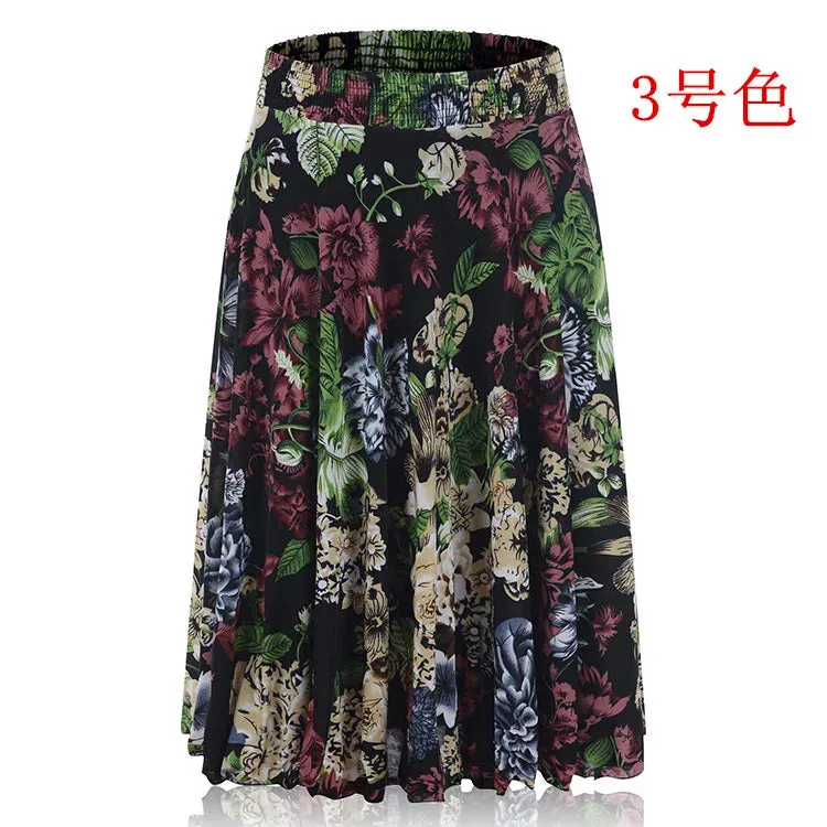 2023 Fall Middle-aged Half-length Skirt Mother Wear Elastic Waist Pleated Women Polka Dot Flower Ladies Skirts