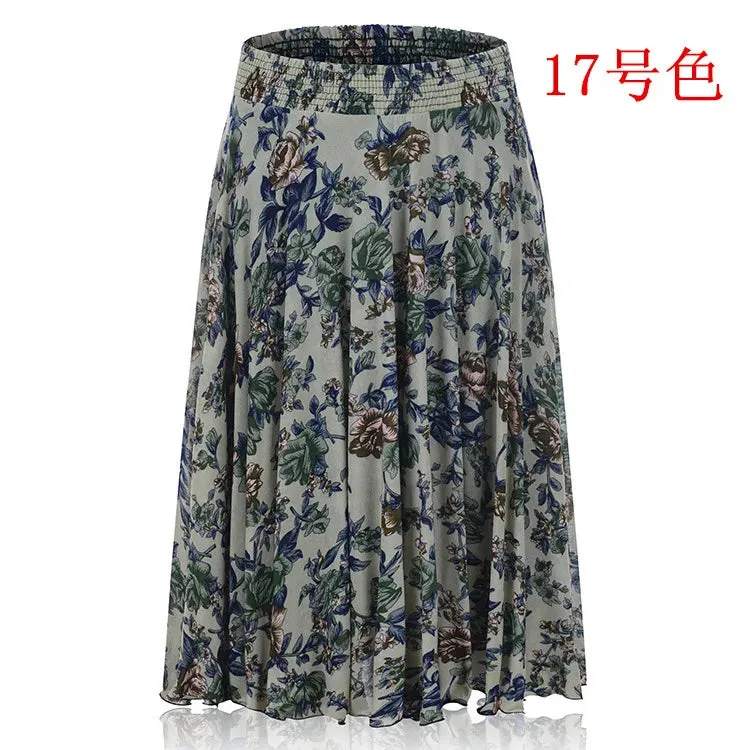 2023 Fall Middle-aged Half-length Skirt Mother Wear Elastic Waist Pleated Women Polka Dot Flower Ladies Skirts