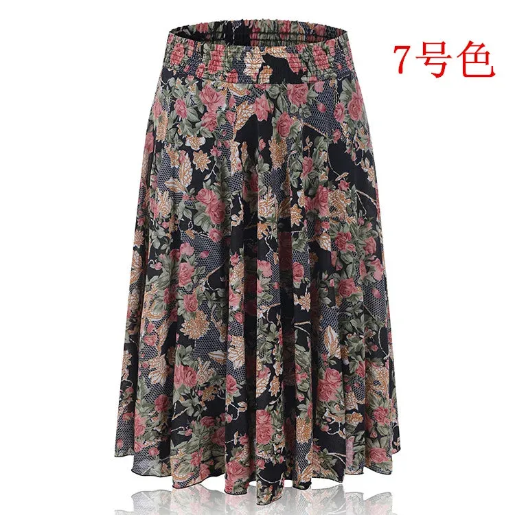 2023 Fall Middle-aged Half-length Skirt Mother Wear Elastic Waist Pleated Women Polka Dot Flower Ladies Skirts