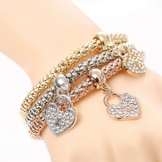 3 Pcs/Set Heart Charm Crystal Bracelets & Bangles