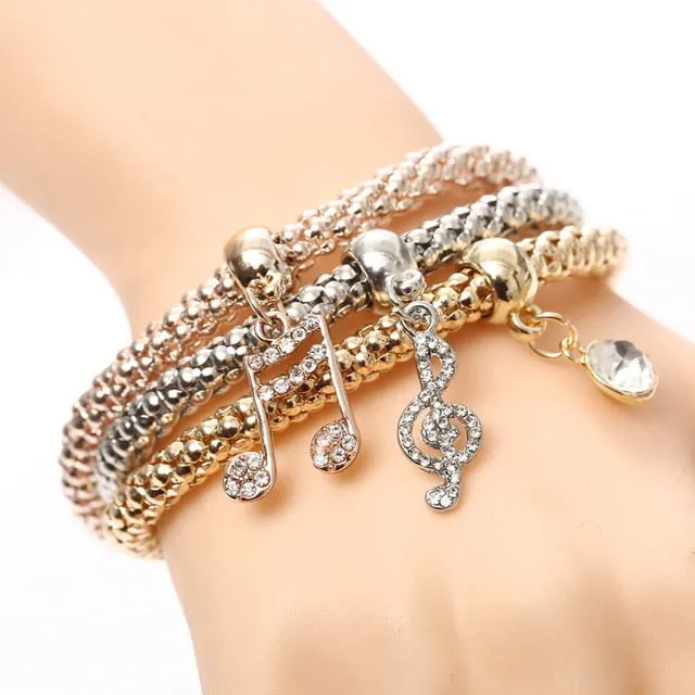 3 Pcs/Set Heart Charm Crystal Bracelets & Bangles