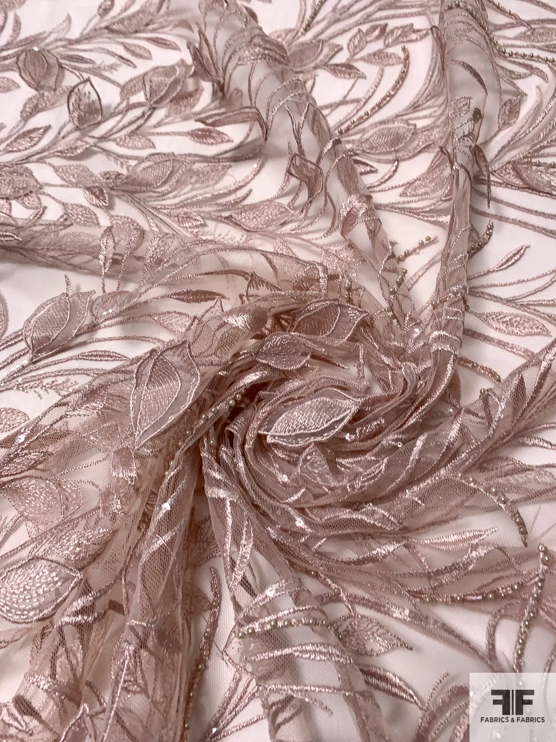 3D Leaf Stalks Embroidered Tulle with Pearls and Sequins - Dusty Champagne-Pink