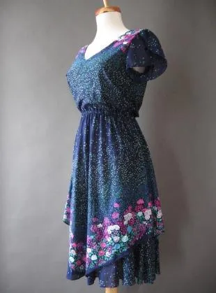 70s Floral Dress Vintage Tulip Sleeve Tiered Flutter Blue Small VFG