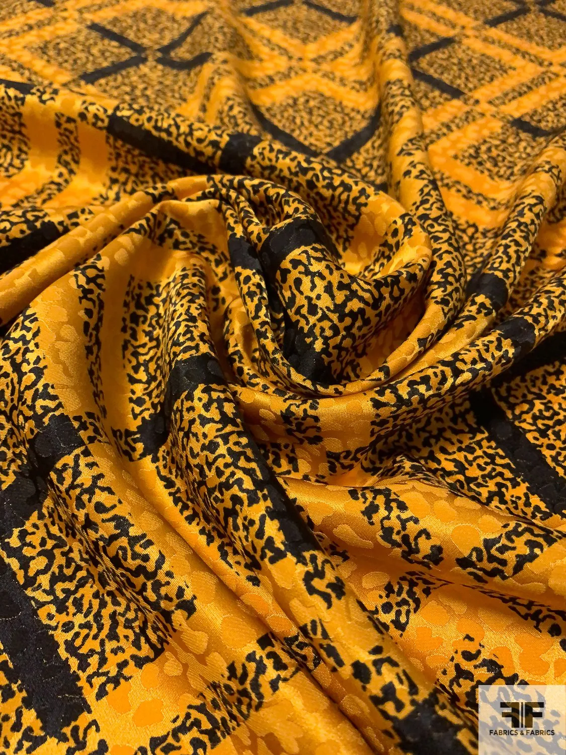 Animal Pattern and Diagonal Plaid Printed Silk Jacquard - Turmeric / Black