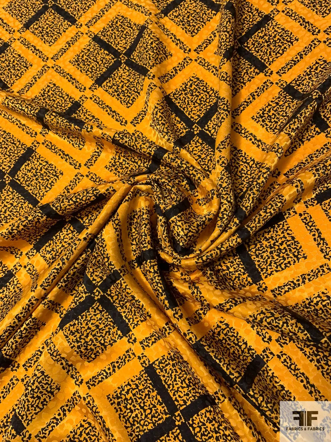 Animal Pattern and Diagonal Plaid Printed Silk Jacquard - Turmeric / Black