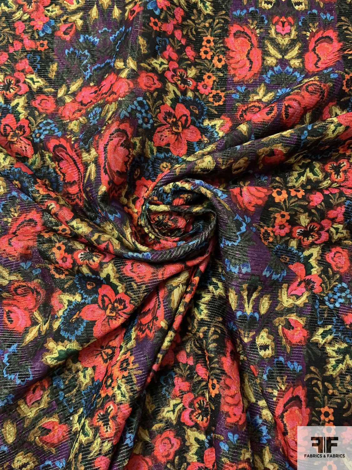 Anna Sui Floral Printed Metallic Brocade - Hot Coral / Yellow / Purple / Blue / Dark Greens