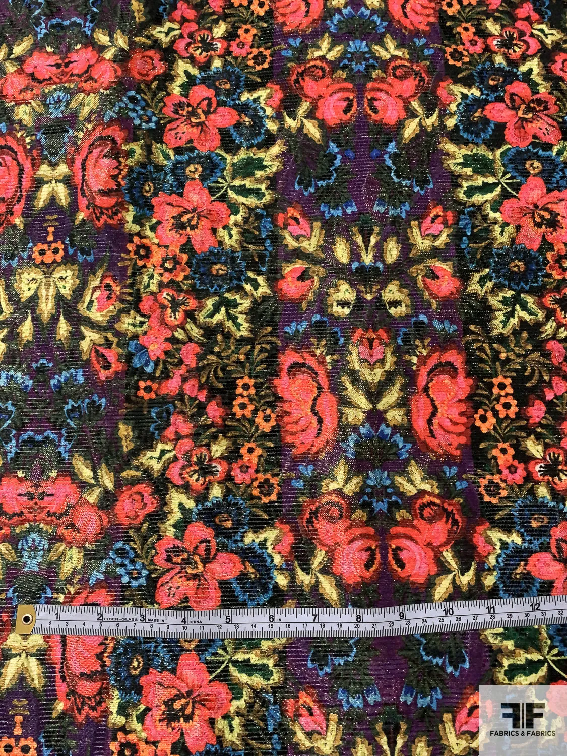 Anna Sui Floral Printed Metallic Brocade - Hot Coral / Yellow / Purple / Blue / Dark Greens