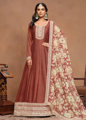 Art Silk Rusty Embroidered Wedding Anarkali Gown