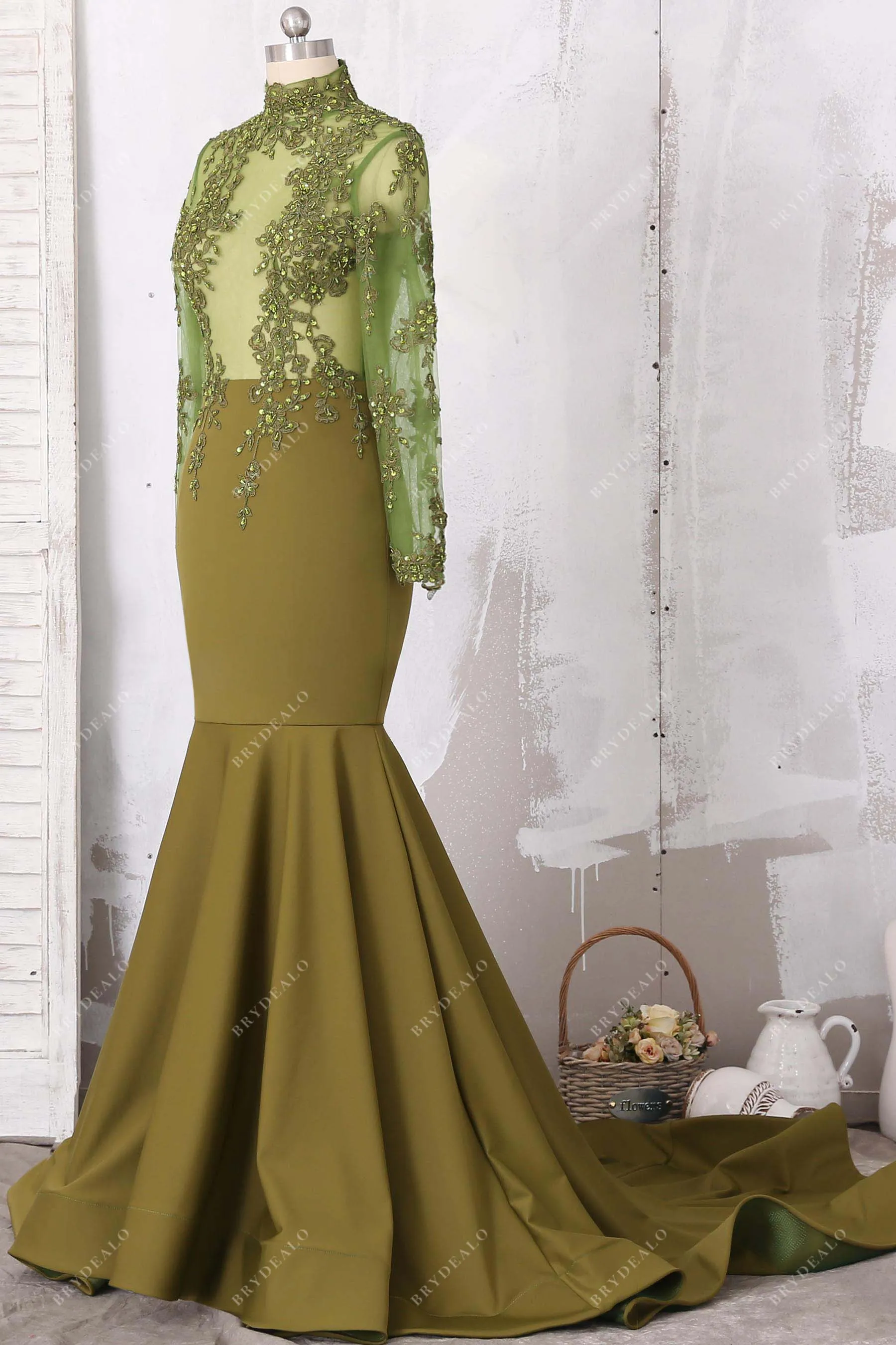 Beaded Illusion Olive Sleeved Mermaid Prom Dress