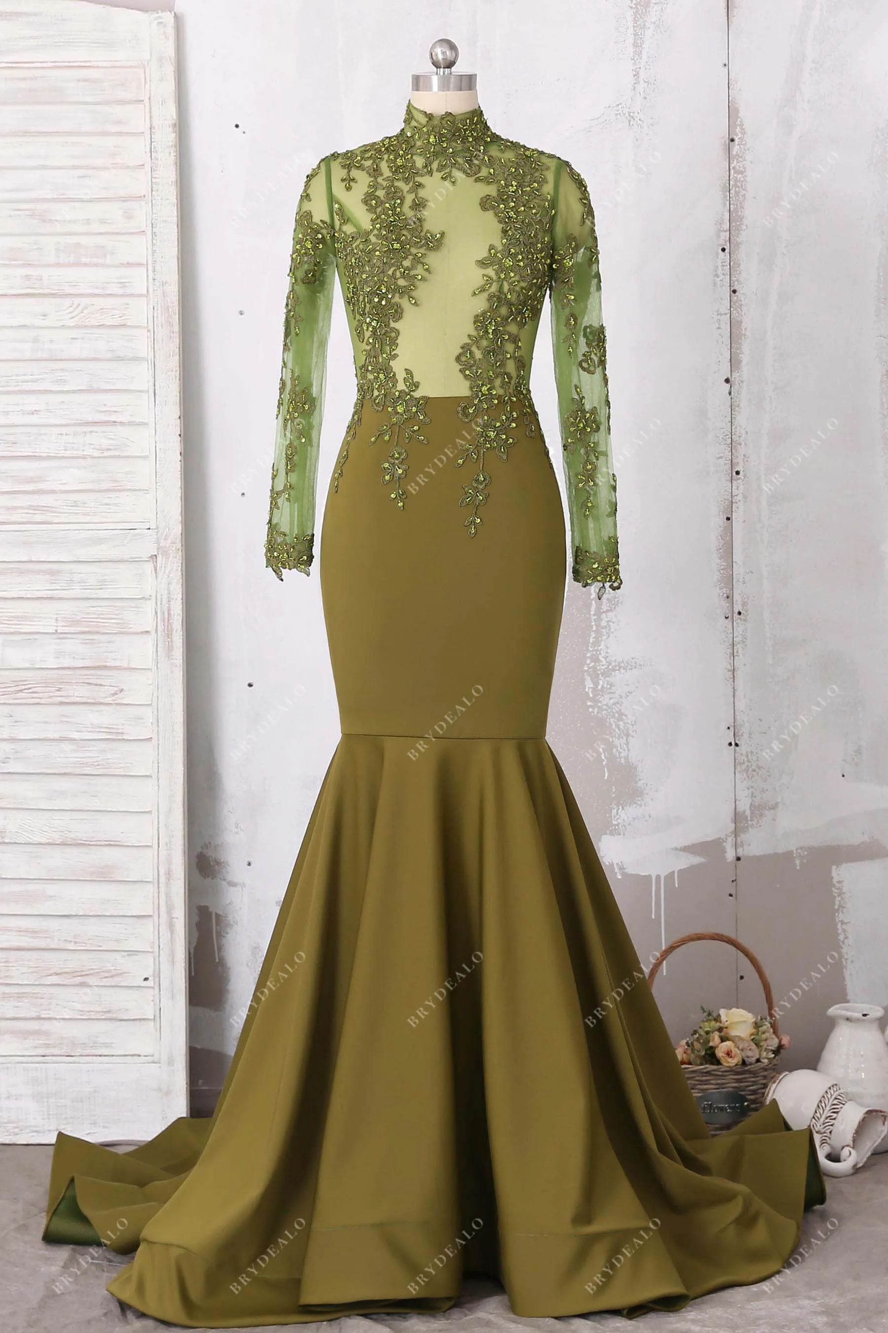 Beaded Illusion Olive Sleeved Mermaid Prom Dress