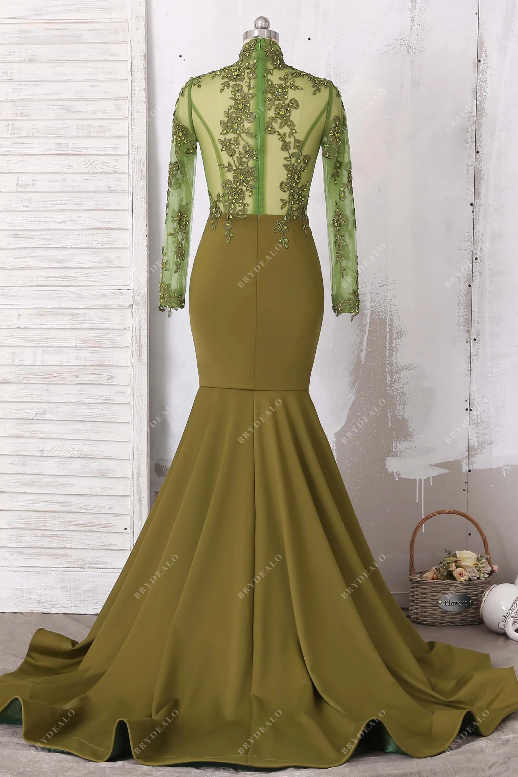 Beaded Illusion Olive Sleeved Mermaid Prom Dress