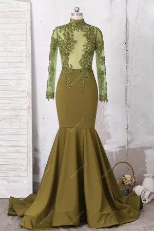 Beaded Illusion Olive Sleeved Mermaid Prom Dress