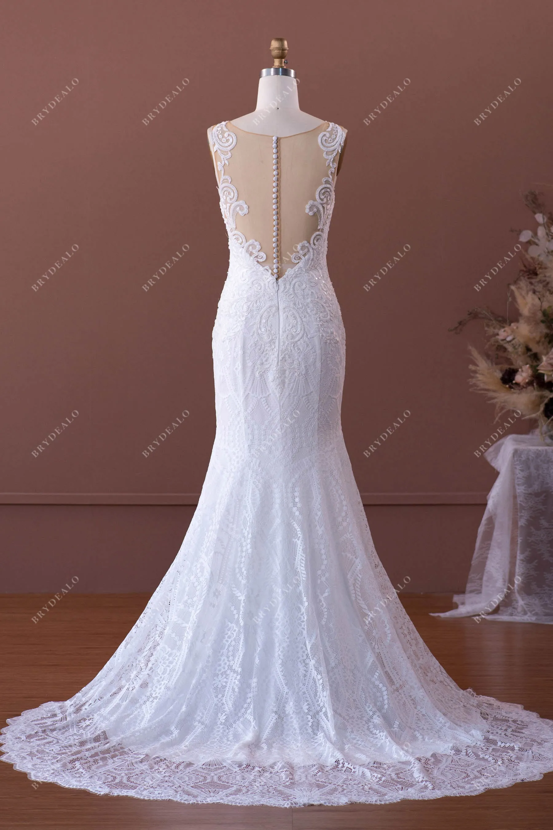 Beaded Lace Illusion Neck Mermaid Wedding Dress