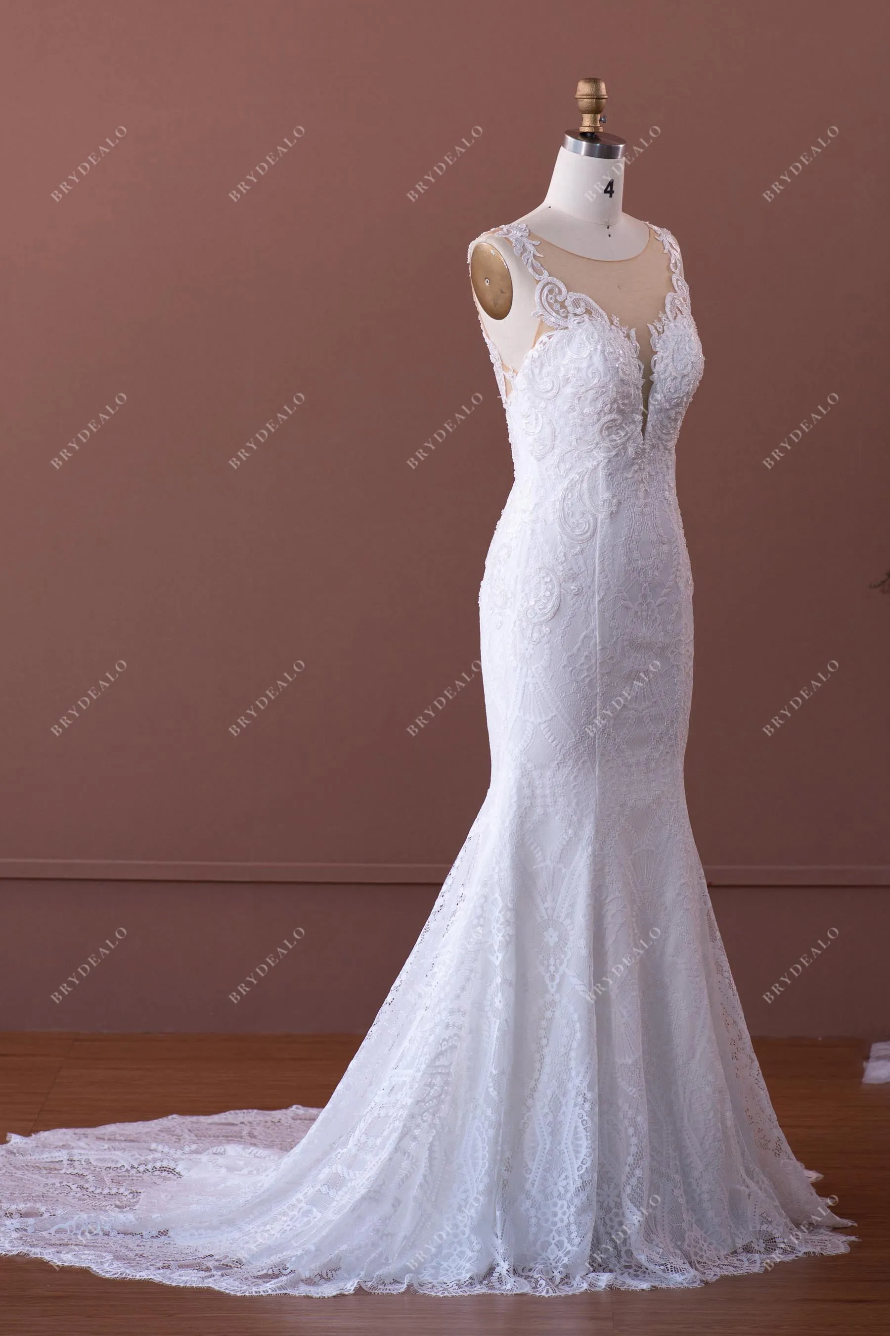 Beaded Lace Illusion Neck Mermaid Wedding Dress