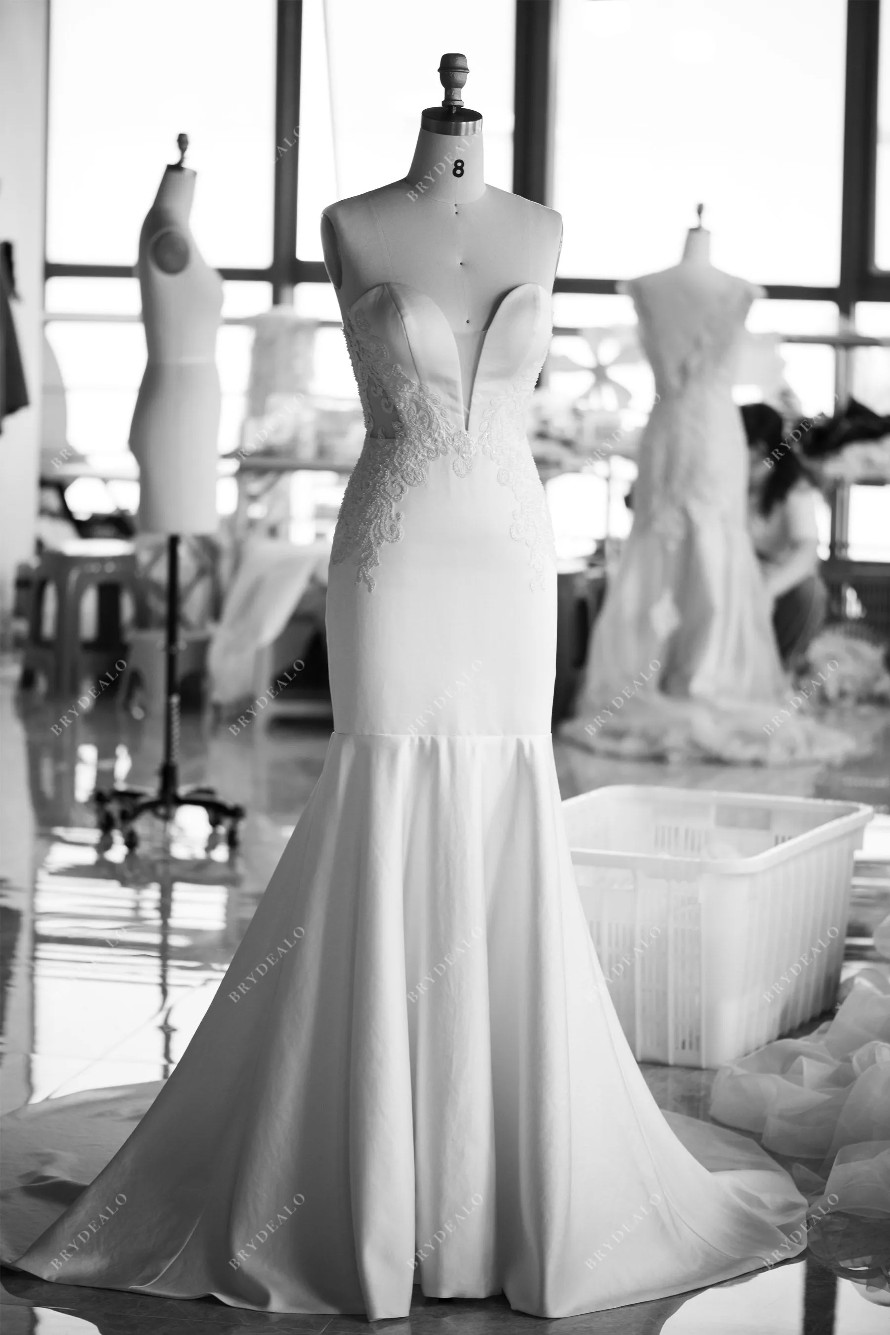 Beaded Lace Satin Strapless Plunging Mermaid Wedding Dress