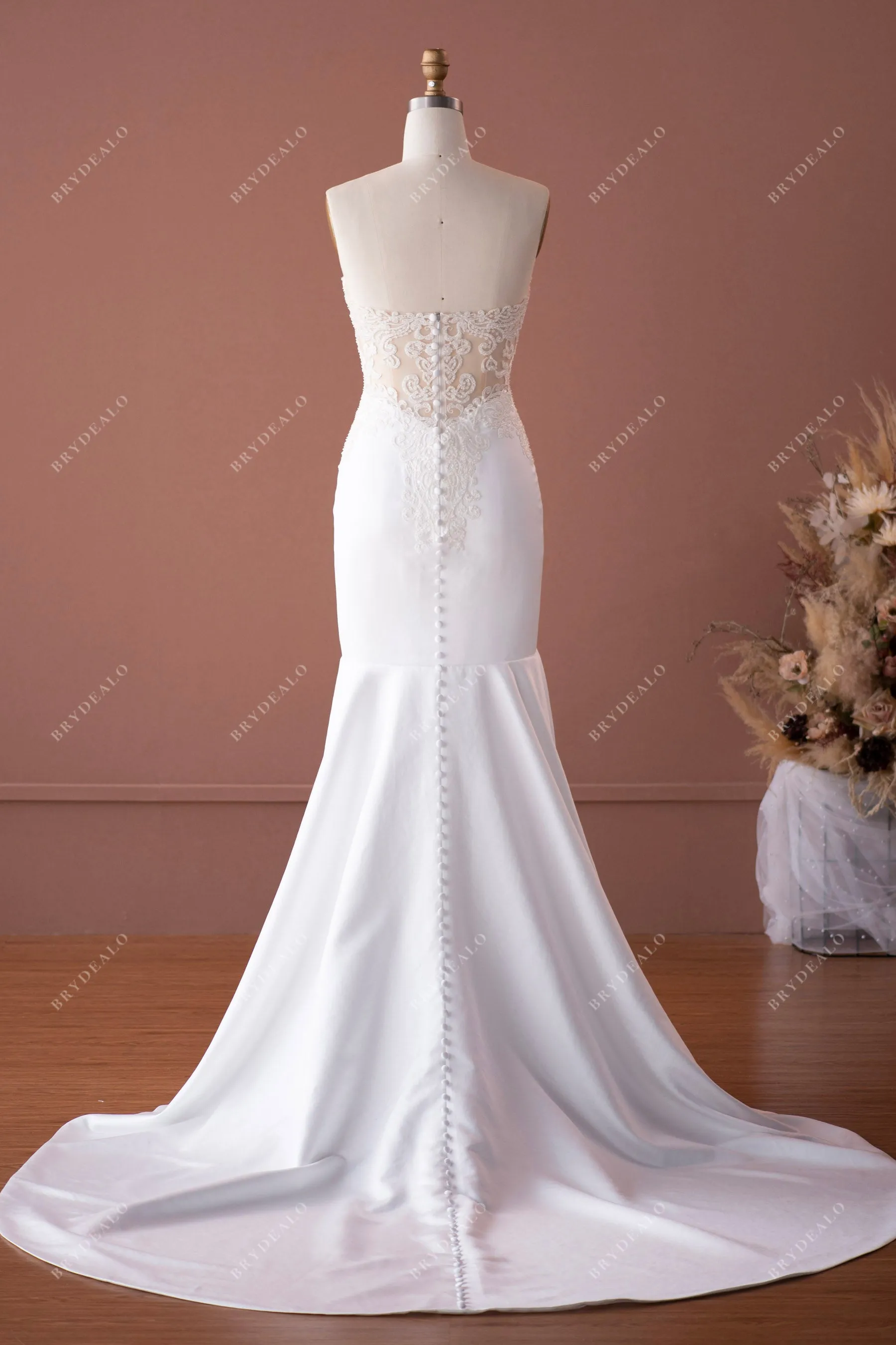 Beaded Lace Satin Strapless Plunging Mermaid Wedding Dress