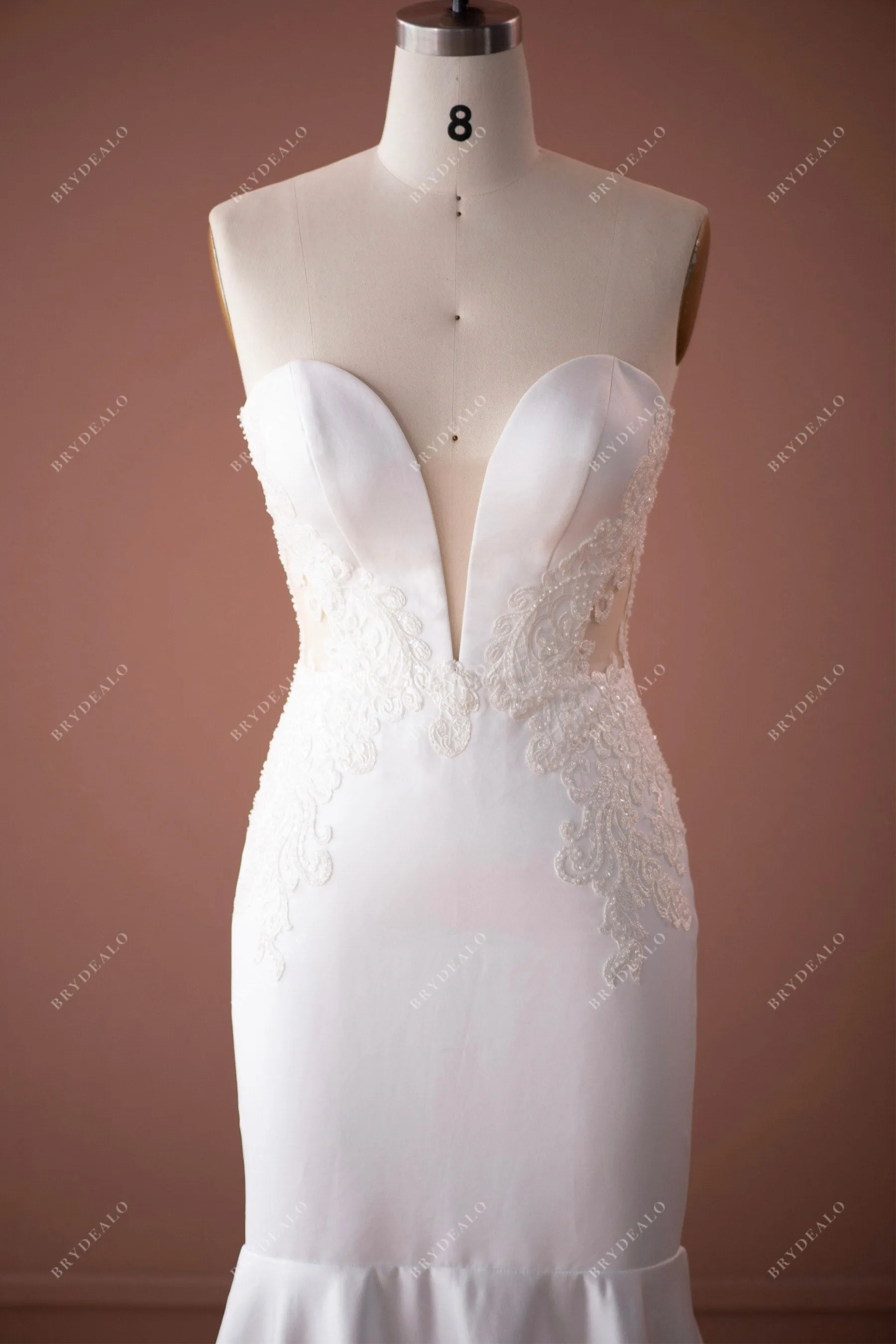 Beaded Lace Satin Strapless Plunging Mermaid Wedding Dress