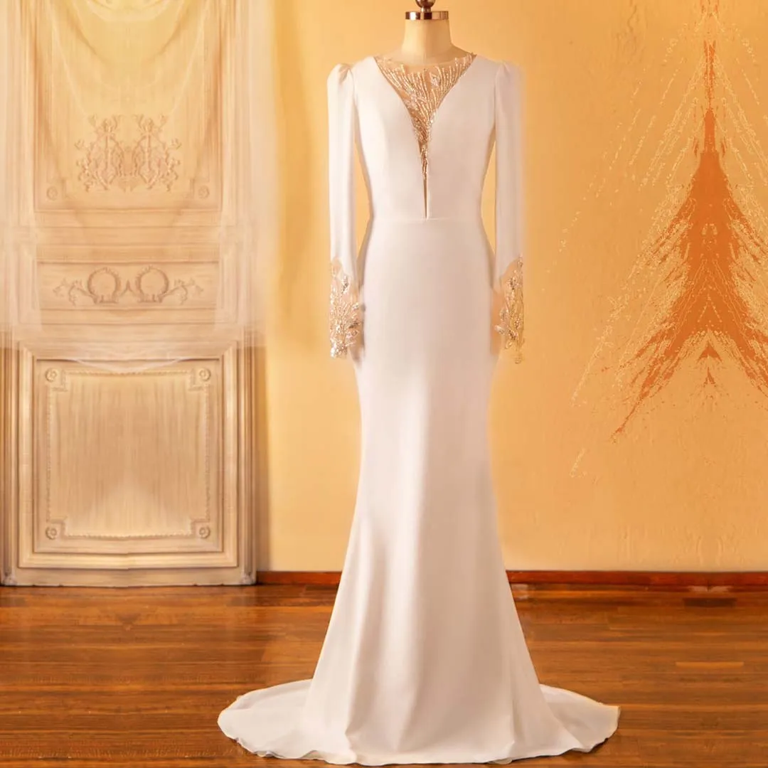 Beaded Plunging Neck Crepe Mermaid Wholesale Wedding Dress