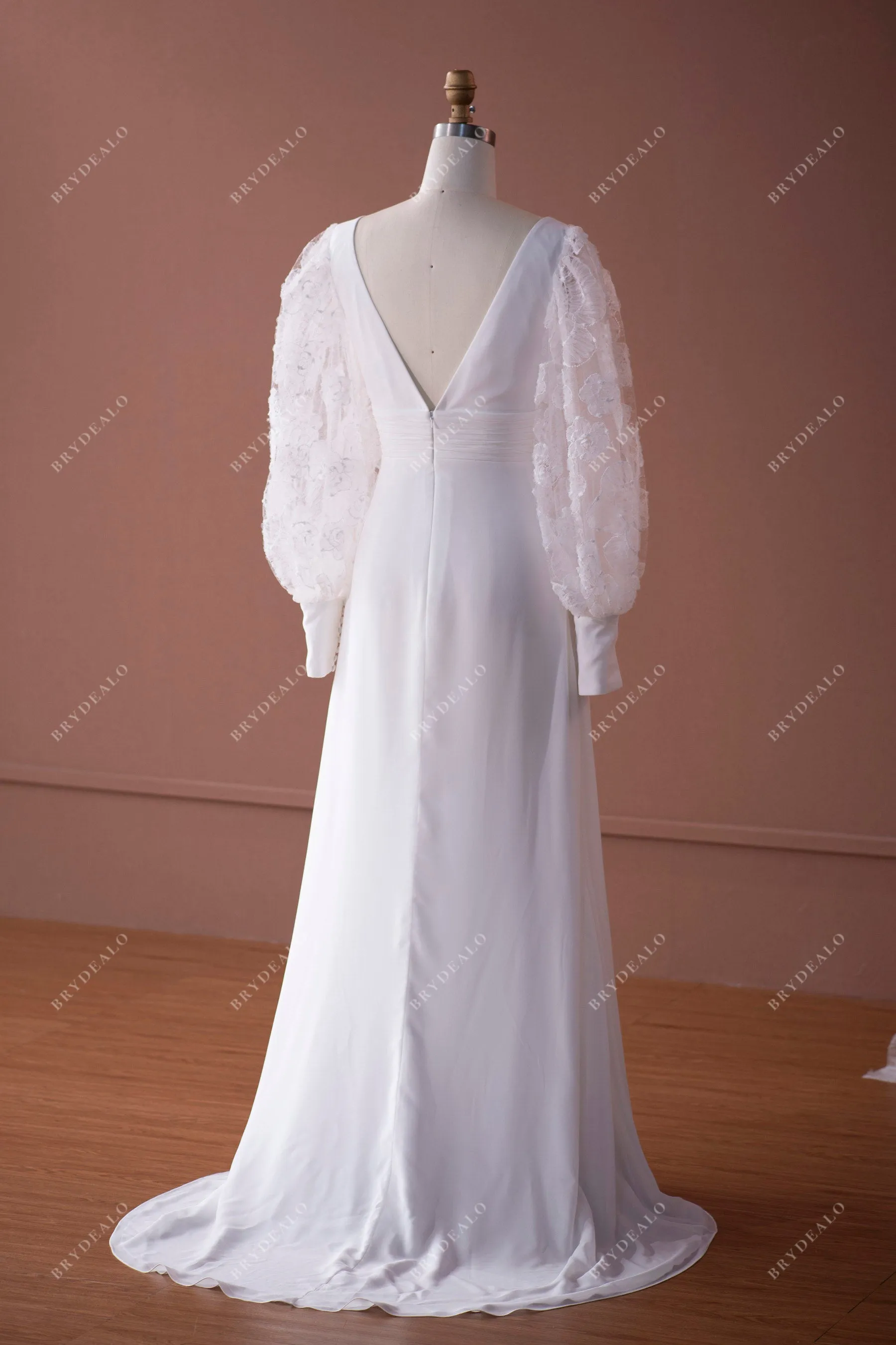 Bell Sleeve V-neck Chiffon Fit and Flare Wedding Dress