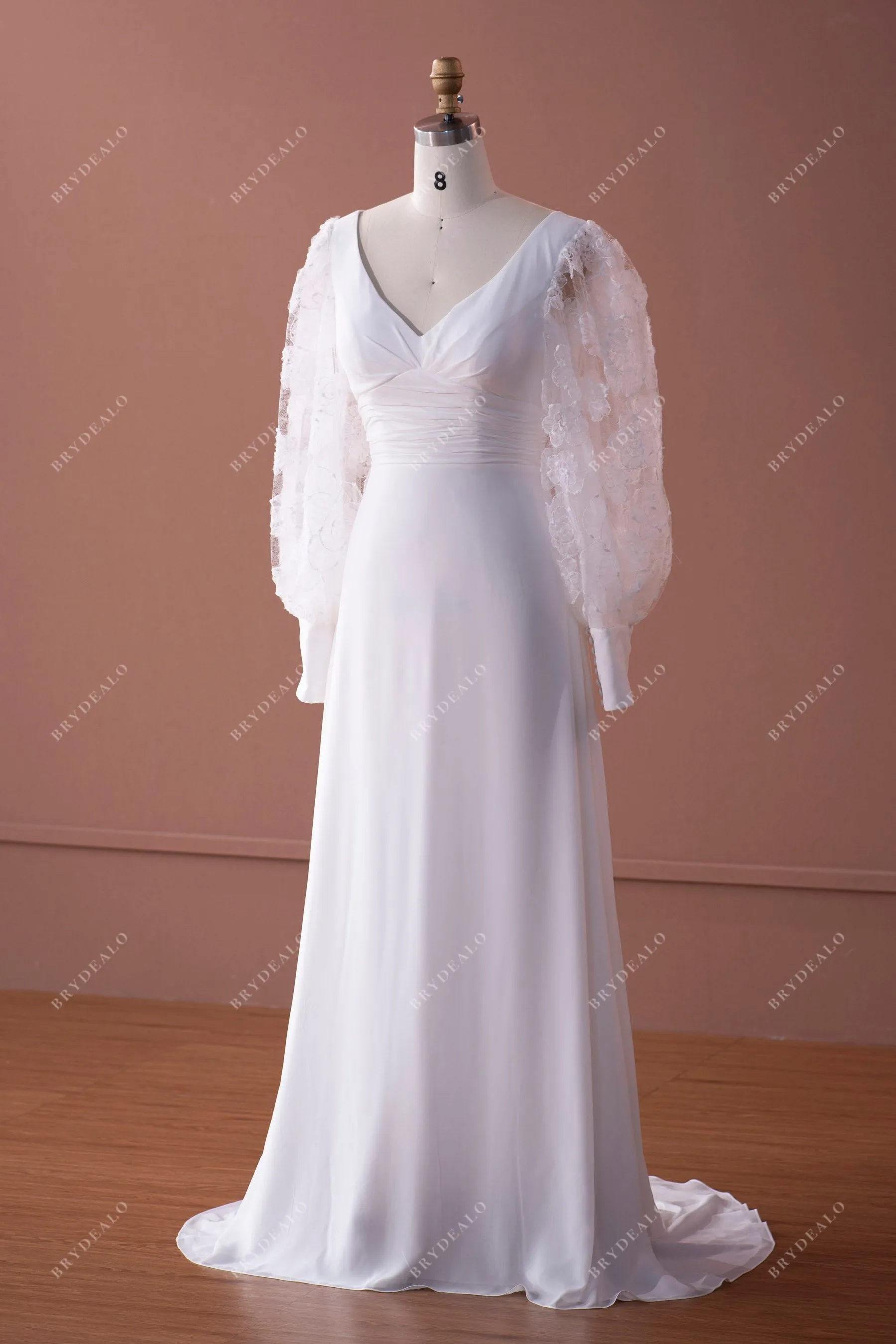 Bell Sleeve V-neck Chiffon Fit and Flare Wedding Dress