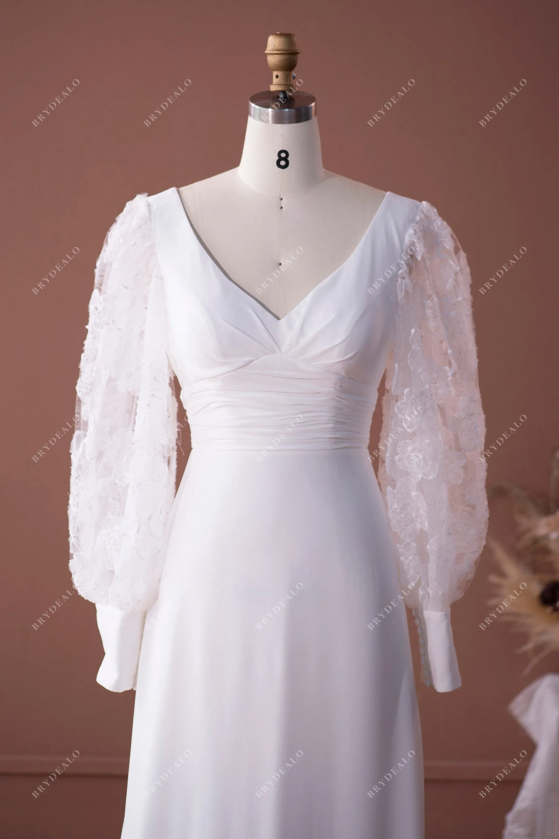 Bell Sleeve V-neck Chiffon Fit and Flare Wedding Dress