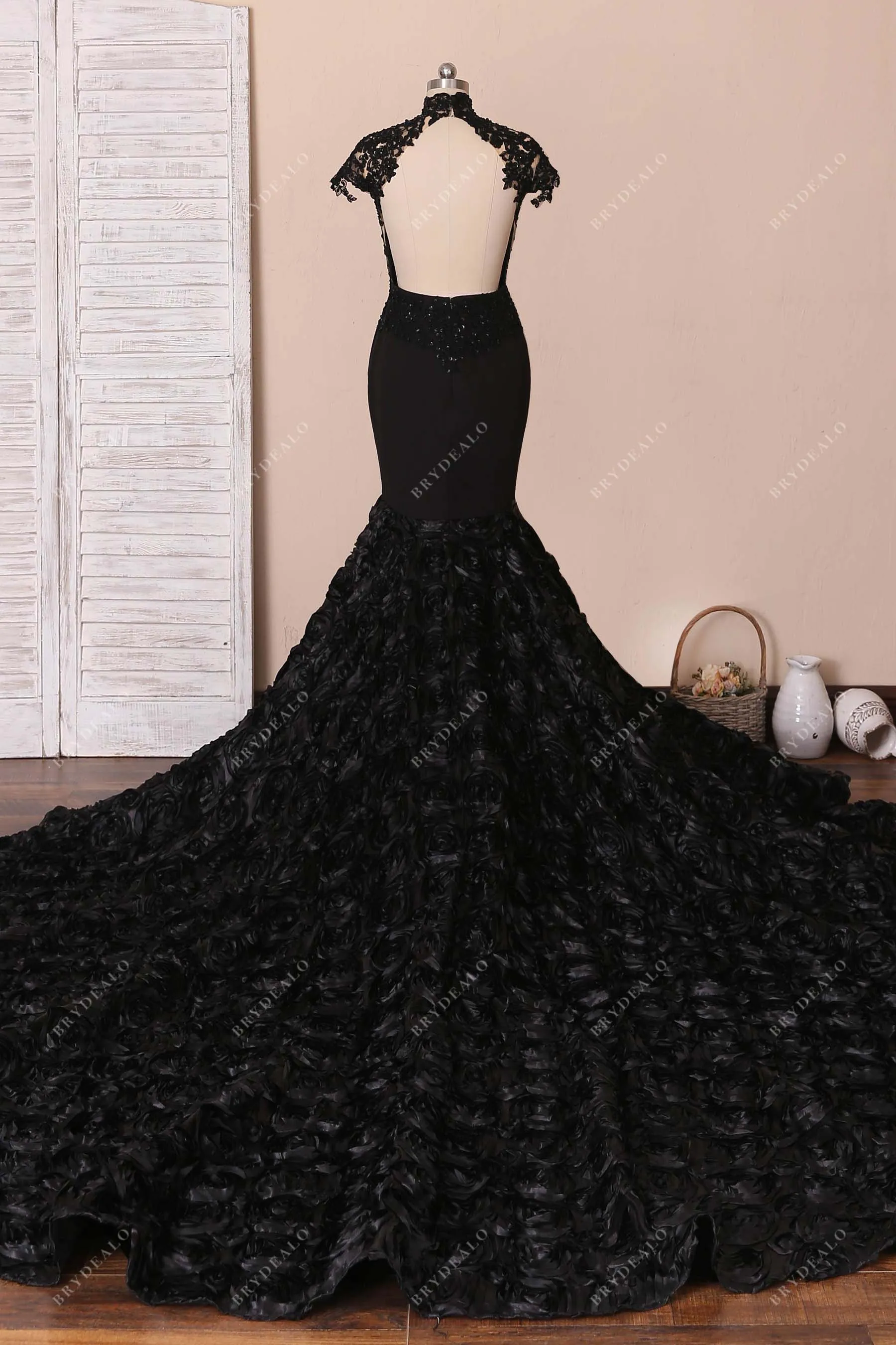 Black Beaded Lace Cap Sleeve 3D Rosette Unique Prom Dress