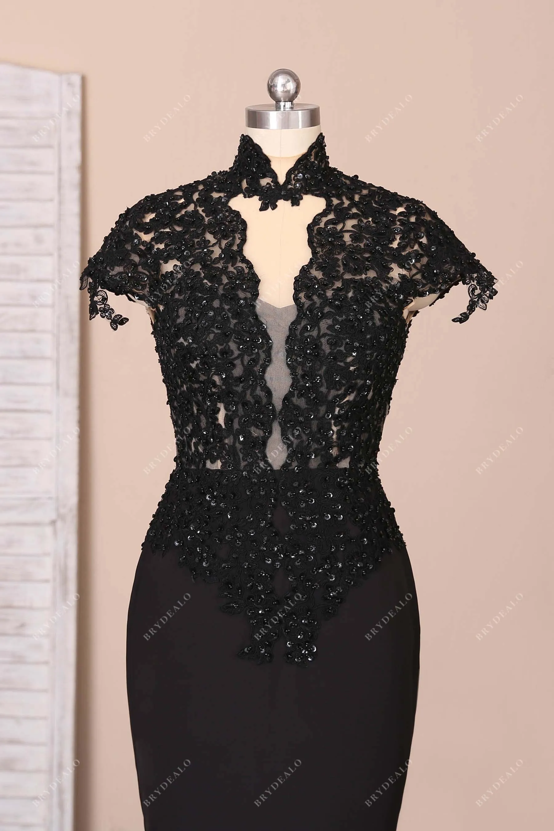 Black Beaded Lace Cap Sleeve 3D Rosette Unique Prom Dress