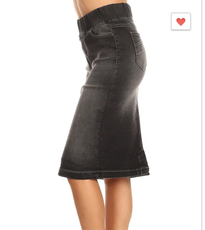 Black Denim Midi Skirt - Elastic Waistband (XS-XL)