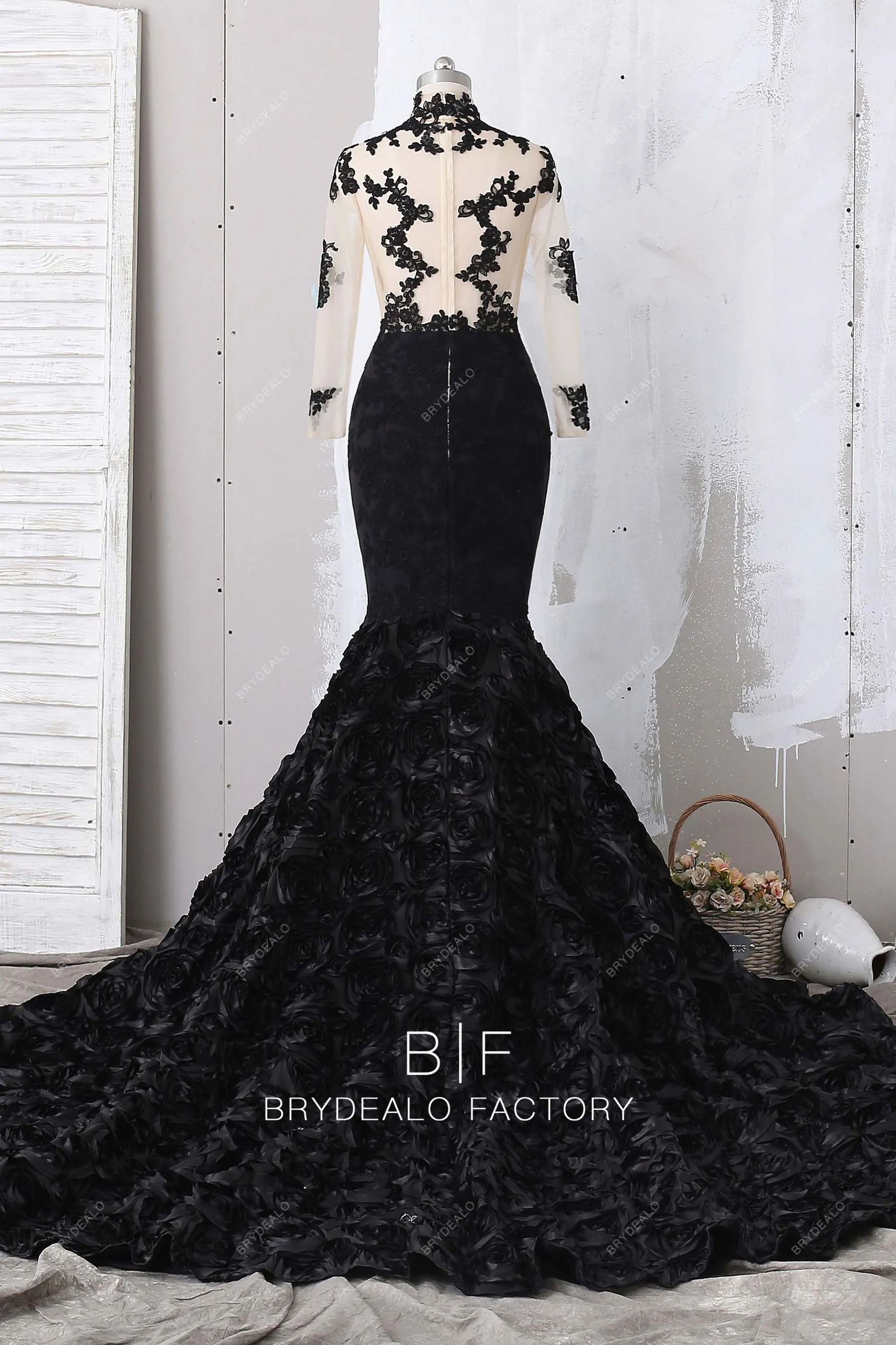 Black Lace 3D Rosette Mermaid Sheer Long Sleeves Prom Dress