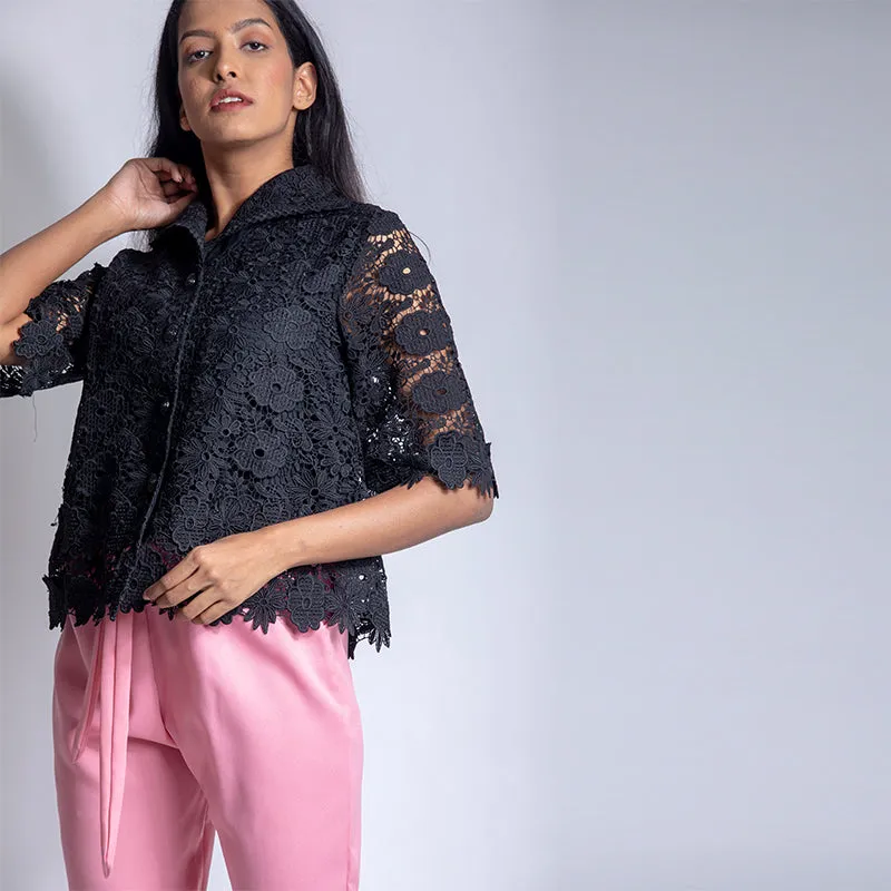 Black Lace Cutwork Shirt