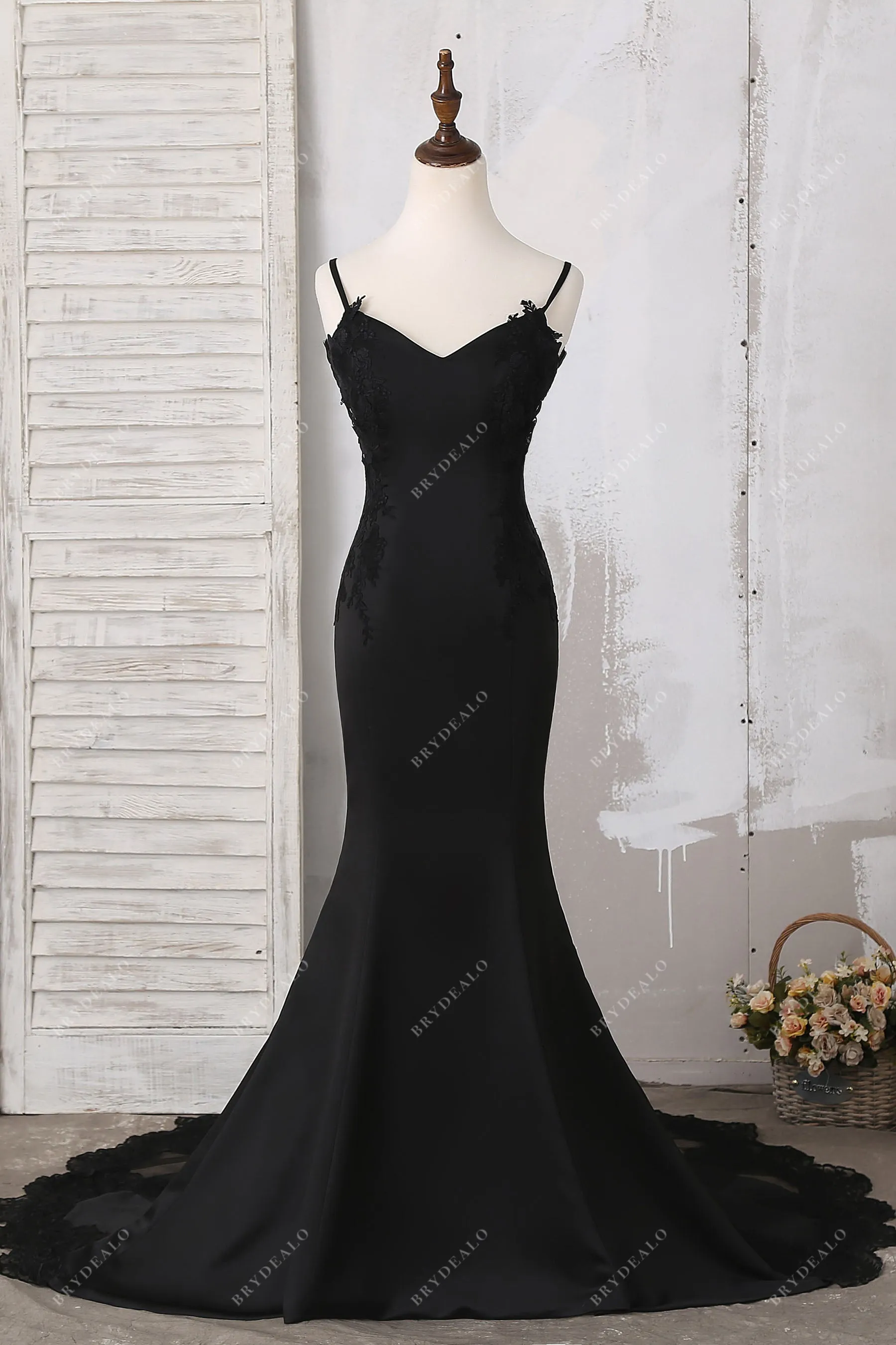 Black Lace Thin Straps Mermaid Bridal Dress