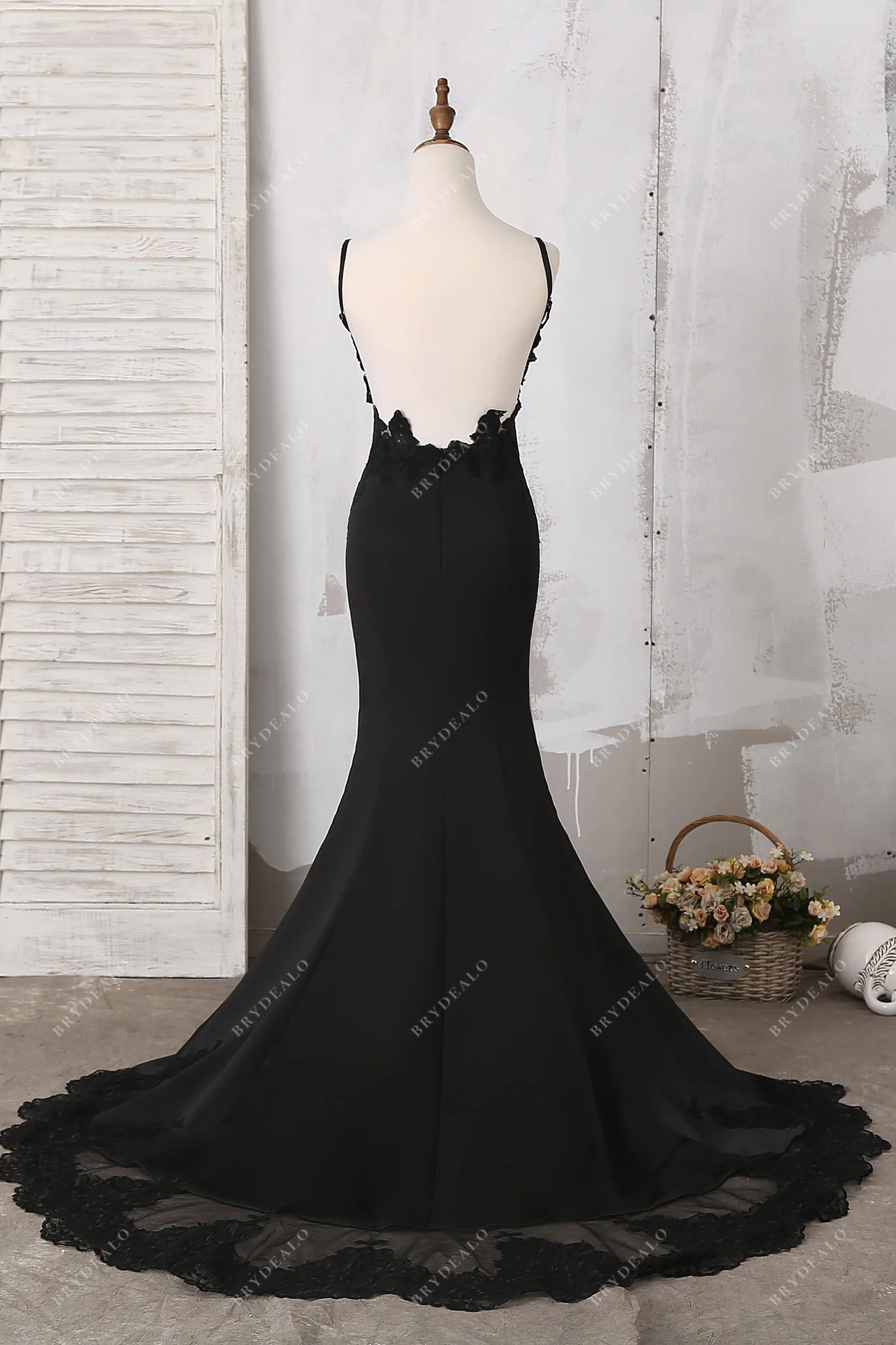 Black Lace Thin Straps Mermaid Bridal Dress