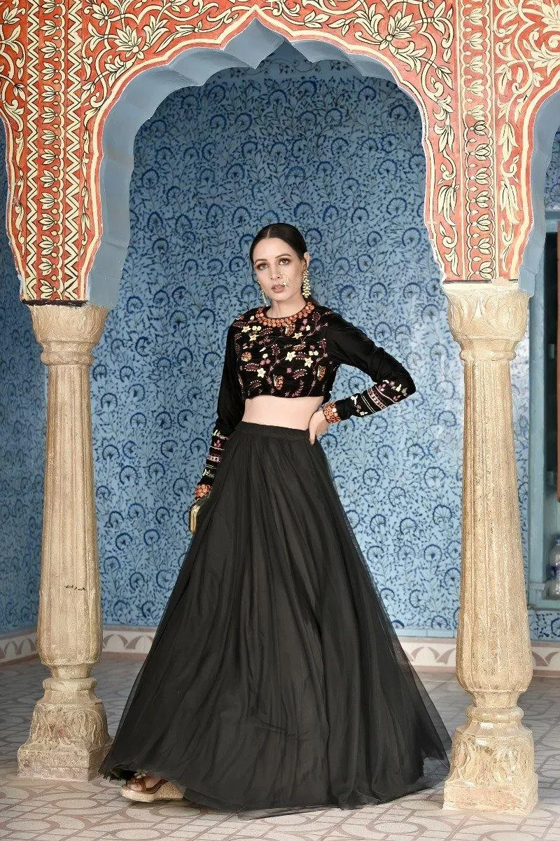 Black Tulle Lehenga and Dupatta with Velvet Choli