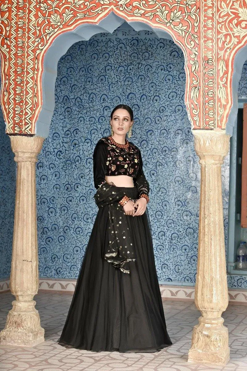 Black Tulle Lehenga and Dupatta with Velvet Choli