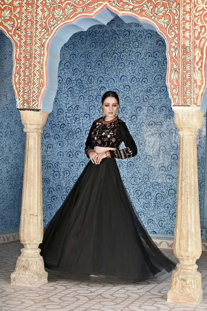 Black Tulle Lehenga and Dupatta with Velvet Choli