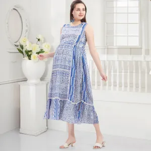 Blue Pleated Nursing Maternity Dress