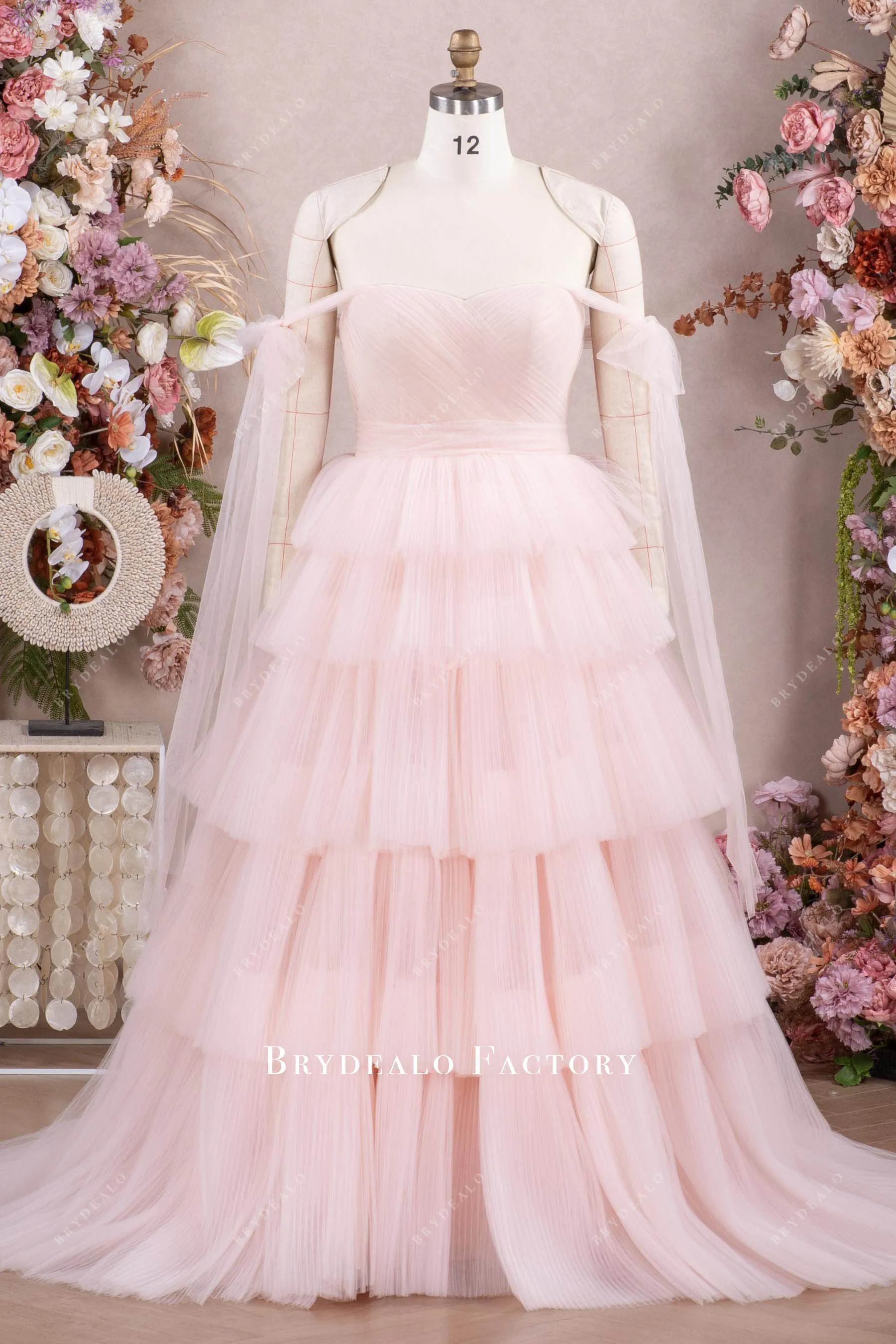 Blushing Pink Off Shoulder Tiered Tulle Wedding Gown