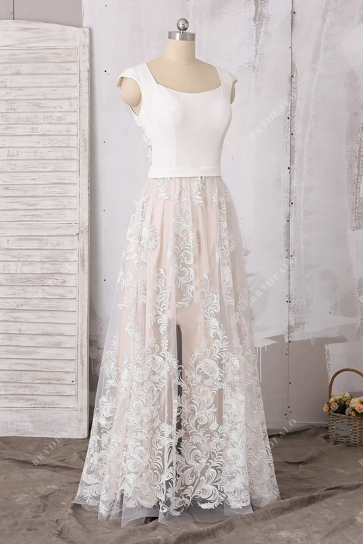 Bohemian Lace Satin Cap Sleeve Slit Wedding Dress