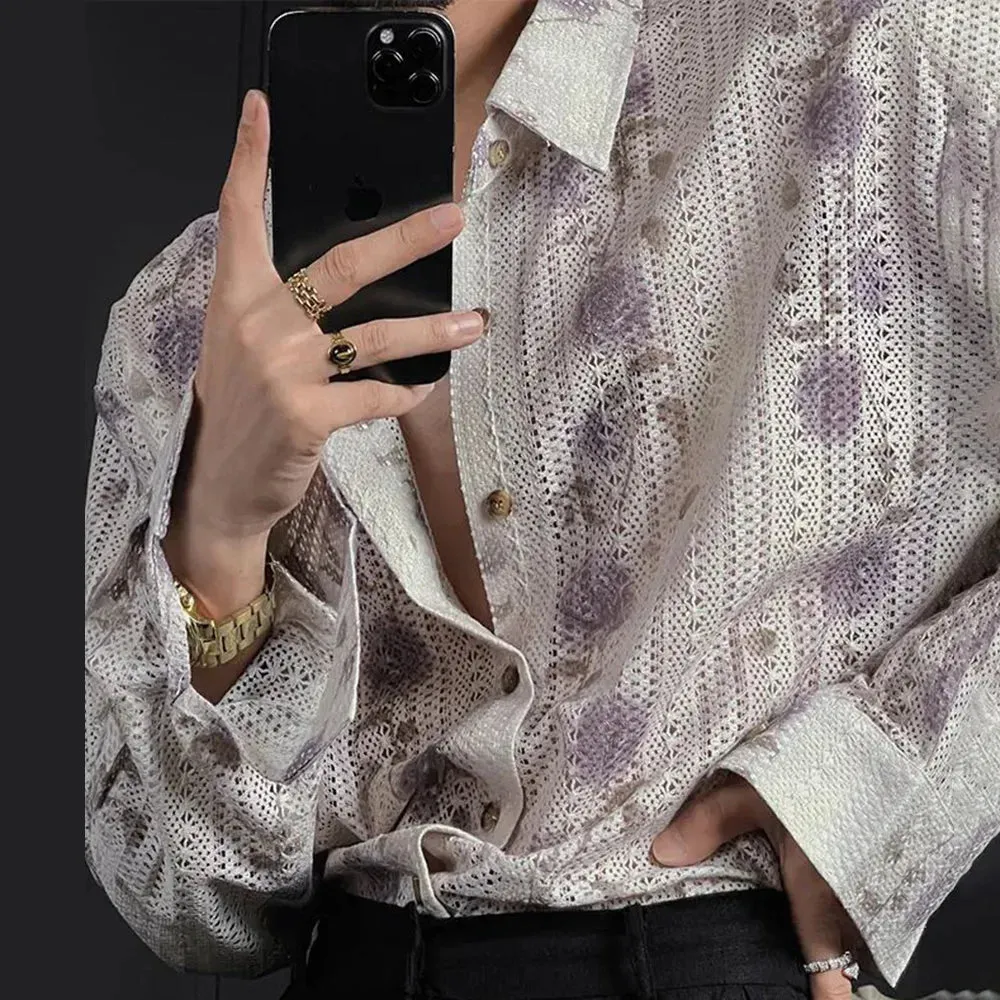 Bonsir Mens Shirts Floral Print Hollow Casual Shirts Streetwear Campus Beach Vacation Hawaiian Long Sleeve Tops Men'S Clothing 2024