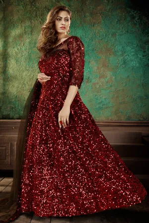 Bright Red Party Wear Sequins Net Anarkali Gown